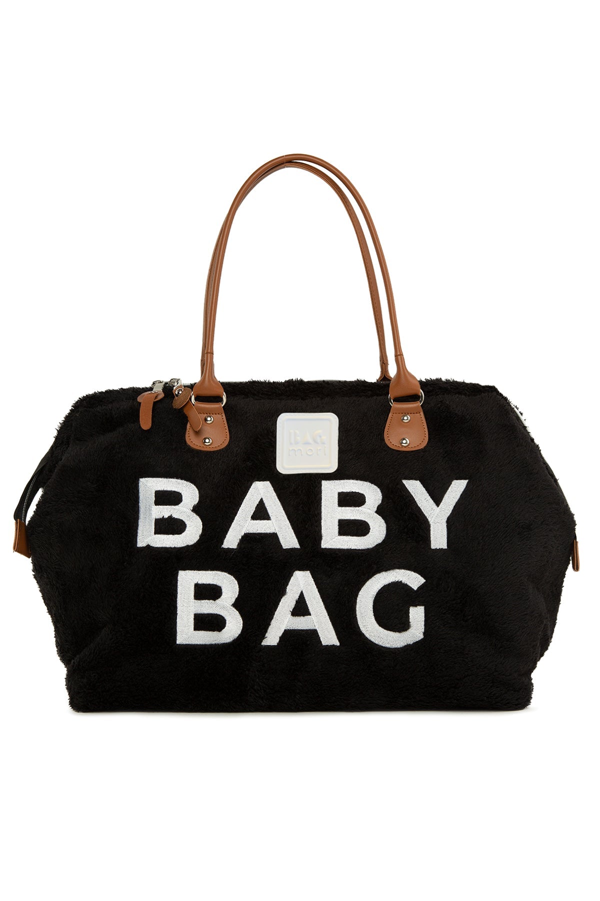 Siyah Baby Bag Nakışlı Peluş Anne Bebek Çantası